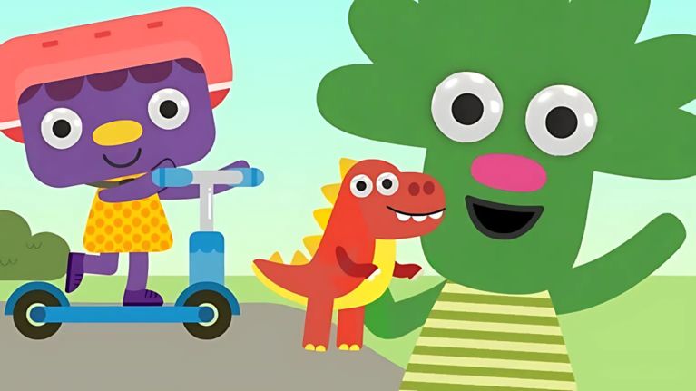 A bright red animated character with large eyes and a microphone sings in front of colorful letters A, B, C, and D. The “Super Simple” logo appears in the corner.