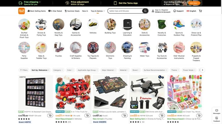 A screenshot of Temu’s online shopping platform shows toy categories and popular listings, including playsets, drones, and puzzles—highlighting the wide variety of low-cost items available to parents.