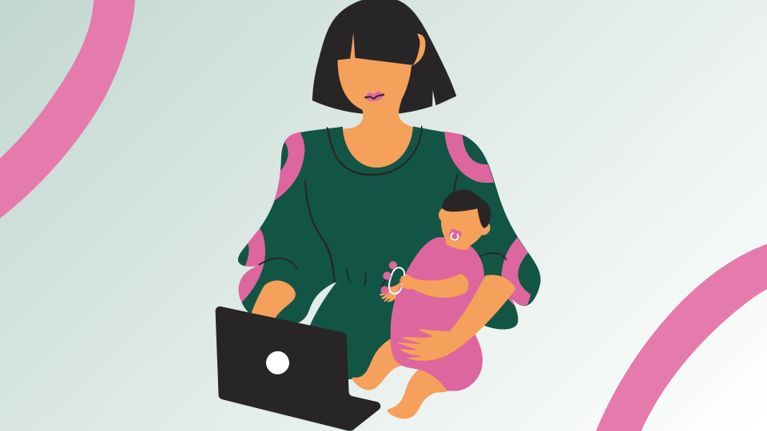 Illustration of a woman with a bob haircut working on a laptop while holding a baby in her lap. The baby is wearing pink and holding a rattle. The woman appears focused and serious.