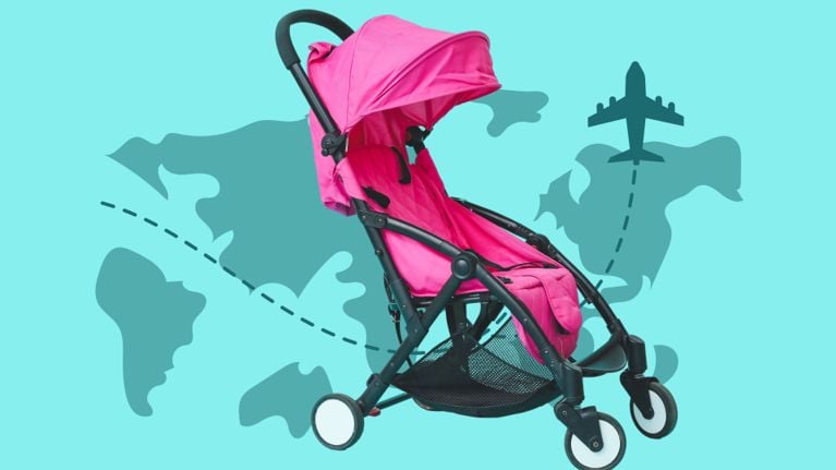 Bright pink travel stroller on a teal background with a world map and airplane illustration, symbolizing travel with kids.