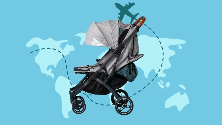 Bright pink travel stroller on a teal background with a world map and airplane illustration, symbolizing travel with kids.