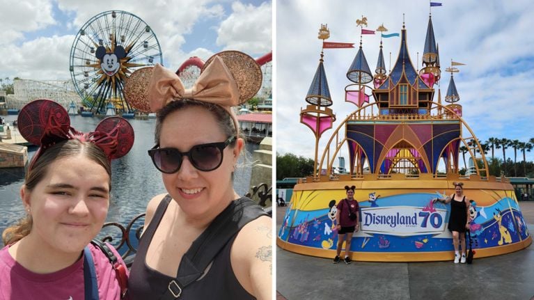 Left: Mother and daughter take a selfie with Mickey’s Fun Wheel and roller coaster in the background at Pixar Pier. Right: The pair stand in front of a vibrant, gold-trimmed 70th anniversary castle display at the entrance of Disneyland.