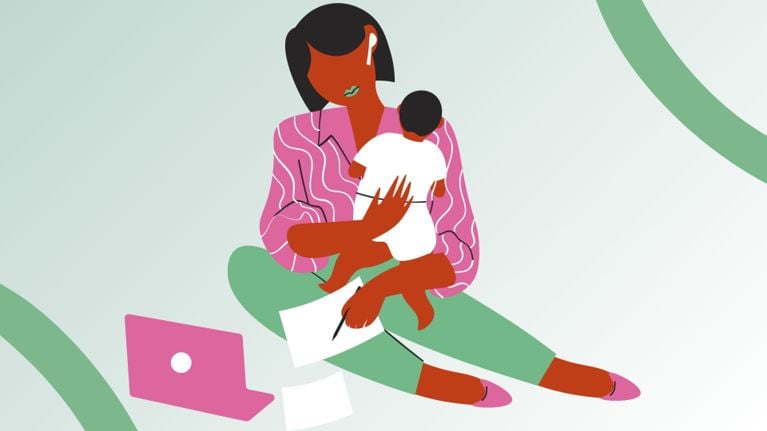 Illustration of a woman wearing headphones, holding a baby and a document in her lap. A pink laptop lies on the floor beside her. She appears to be multitasking between work and childcare.