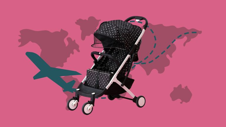 Compact black stroller with a white frame and star pattern canopy on a pink background with a flight path graphic overlaying a world map.