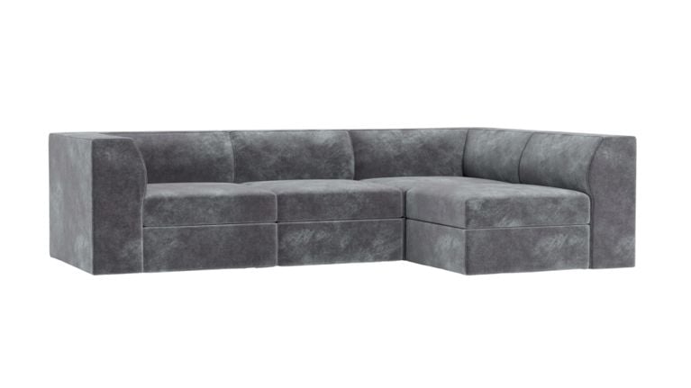 Studio shot of a dark grey Cozey Atmosphere sectional couch with a left-facing corner configuration, set against a white background.