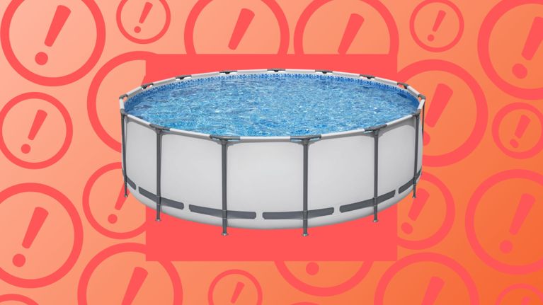 Large round above-ground swimming pool filled with water, shown against a red-orange warning background. Select Bestway, Intex, and Polygroup pool models have been recalled in Canada due to a drowning hazard linked to climbable support straps.