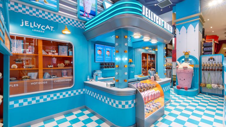 A blue-and-white Jellycat toy activation at FAO Schwarz in New York City