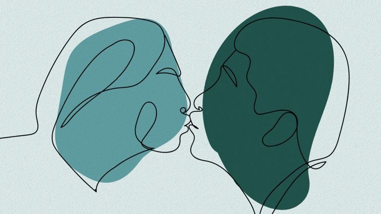 Minimalist line drawing of two abstract human faces gently touching at the lips, rendered in black continuous lines with overlapping teal and blue color blocks. The illustration conveys intimacy and emotional closeness with a soft, artistic tone.