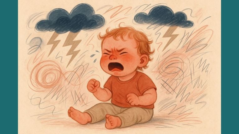 A stylized, emotionally expressive illustration of a toddler mid-tantrum. The child is sitting on the floor with clenched fists, a red face, and tears streaming down their cheeks. Surrounding them are abstract scribbles, storm clouds, and lightning bolts symbolizing intense emotions and sensory overwhelm. The color palette features warm reds, browns, and muted blues, evoking both chaos and empathy.