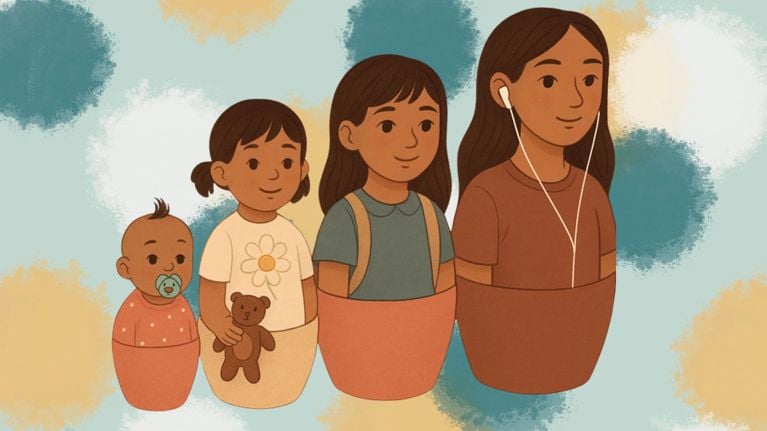 Illustration of four matryoshka-style nesting dolls representing stages of childhood, from baby to teenager. Each figure grows older from left to right, symbolizing the emotional evolution of parenting as children gain independence.