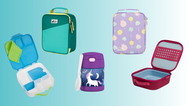 lunch bags floating against a blue tie dye background