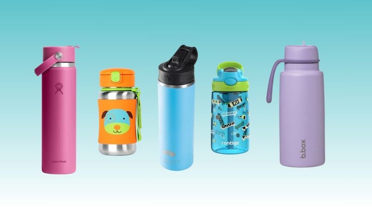 kids water bottles against a tie dye background with clouds