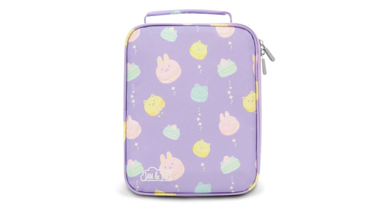 A rectangular insulated lunch bag in light purple with pastel animal macaron prints and a top handle.