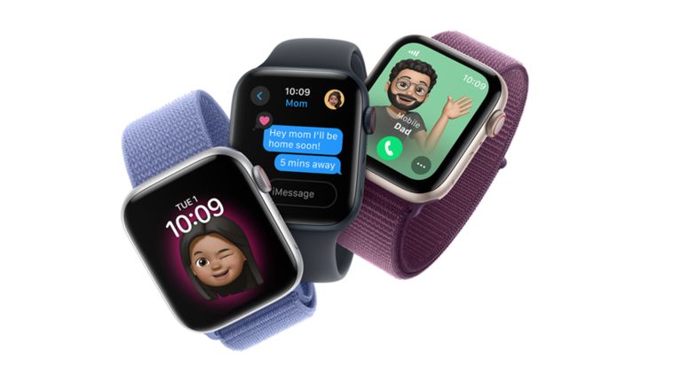 Three Apple Watches with colorful straps, showing Memoji faces, text messages, and a phone call.