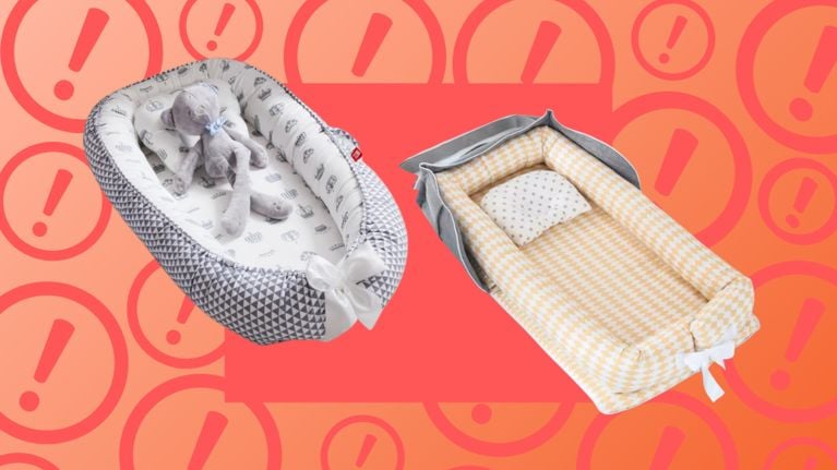 Two baby nests over a bright orange and red exclamation mark background graphic