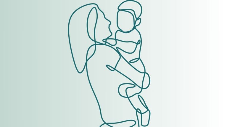 A line drawing of a mom holding a toddler on a pale green background.