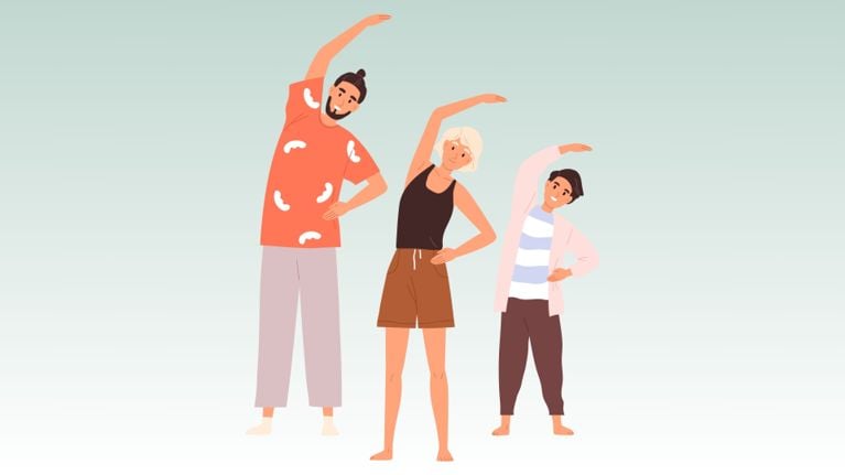 Illustration of three people—an adult man, an adult woman, and a child—standing side by side and leaning sideways with one arm overhead, performing a gentle stretching exercise.