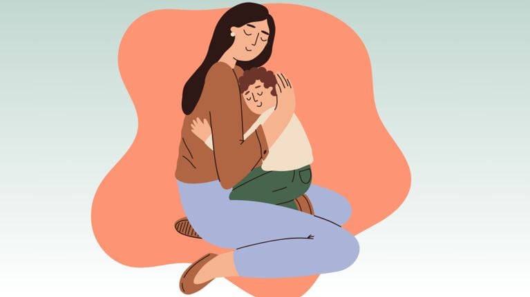 Illustration of a mother lovingly hugging her young child while kneeling on the floor. Both have their eyes closed, appearing calm and content, symbolizing emotional connection and comfort. The background is a soft orange shape with a light gradient backdrop.