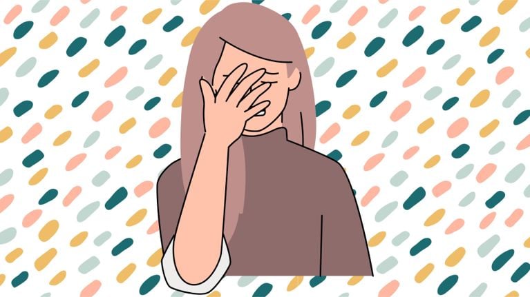 Illustration of a woman with long hair covering her face with her hand in frustration, set against a background of colorful, abstract dots.
