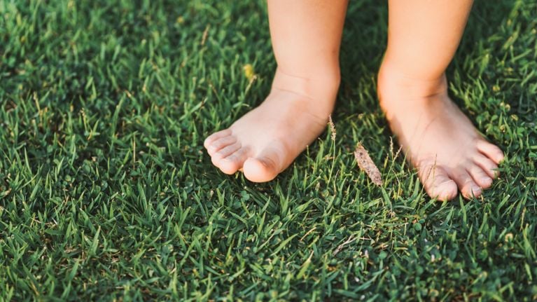 A child stands bare foot in the grass.