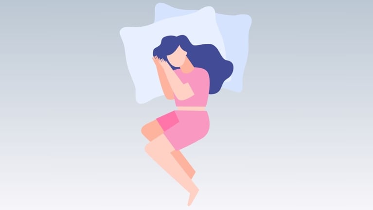 An illustration of a woman sleeping on her side with her knees slightly bent, head resting on a pillow.