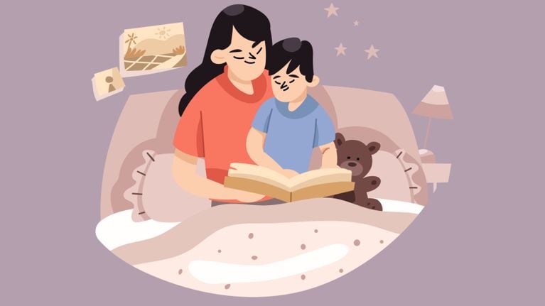 Illustration of a mother and child sitting in bed together, reading a book. The child is nestled close to the mother, with a teddy bear beside them on the bed. The scene is cozy and warm, with stars on the wall and soft-toned decor, evoking a peaceful bedtime routine.