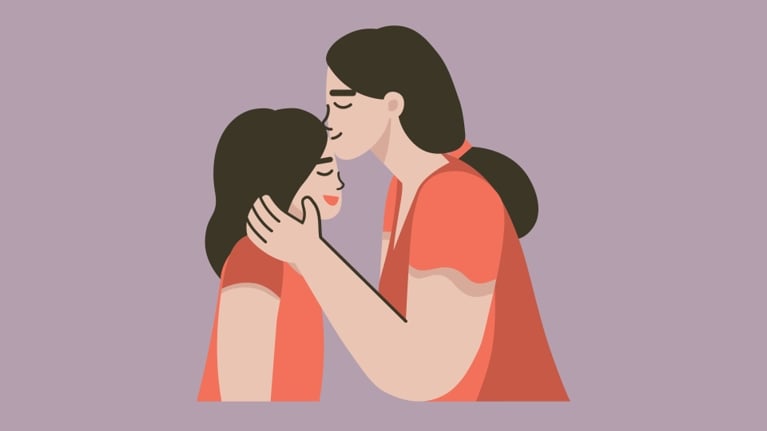 Illustration of a mother gently kissing her daughter on the forehead. The mother has her hands on the child's head and the child is smiling with her eyes closed, creating a tender and affectionate moment set against a soft purple background.
