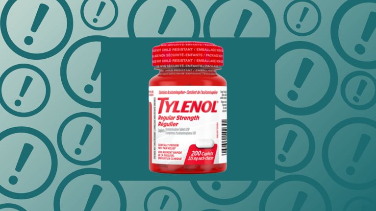 A bottle of Tylenol Regular Strength caplets with a red child-resistant label, shown against a teal background covered in exclamation mark symbols, indicating an alert or warning.