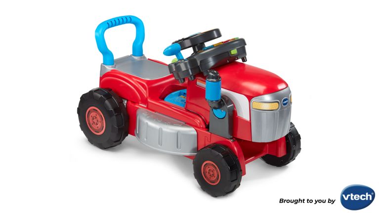 Red V-Tech Growing Tractor with black, grey and blue detailing