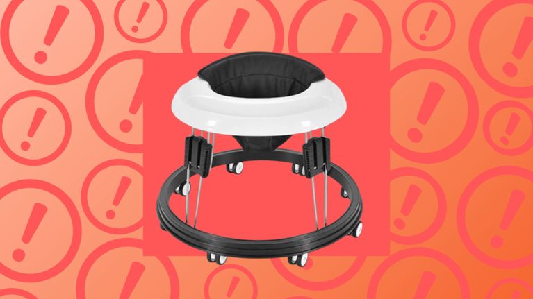 Baby walker with a round frame, white tray, and black seat against a red background with repeating exclamation mark symbols, suggesting a safety warning or recall.