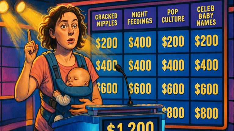Illustration of a tired new mom standing at a Jeopardy-style podium with her baby asleep in a front carrier. Behind her, a blue game board shows humorous categories like “Cracked Nipples,” “Night Feedings,” “Pop Culture,” and “Celeb Baby Names.” Warm studio lights shine on her as she raises one finger, looking thoughtful and slightly overwhelmed.