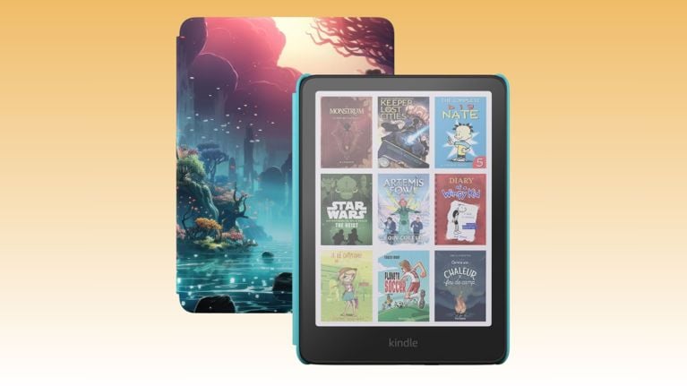 A child reclines on a couch reading a colourful comic on the new Kindle Kids with a colour E Ink display. The page shows a vibrant, cartoon-style superhero story