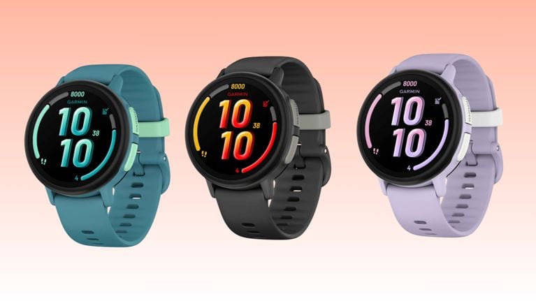 Three Garmin Bounce 2 kids’ smartwatches in teal, black and purple, displayed against a soft gradient background to show the available colour options.