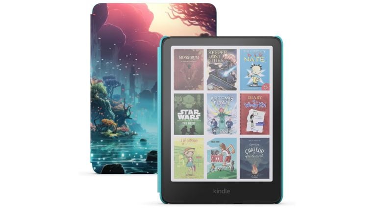 The Kindle Kids with colour E Ink display shown upright with its illustrated back cover. The screen features a grid of popular children’s titles like Star Wars: The Heist, Diary of a Wimpy Kid, and Artemis Fowl, demonstrating the bright, paper-like colour display.