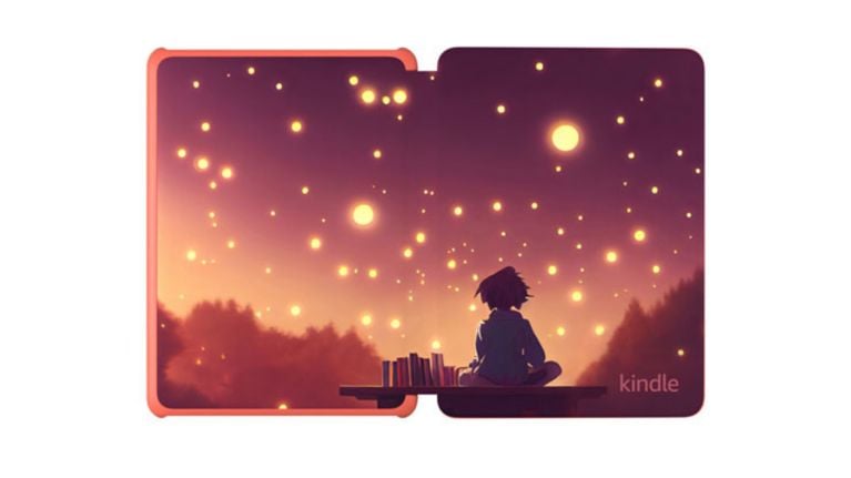 A Kindle Kids cover in sunset hues with an illustration of a child reading under a sky full of softly glowing lanterns.
