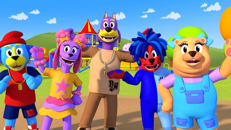 A group of colorful, animated dog characters from Doggyland stand together holding gold trophies, smiling under the text “I Love Affirmations.”