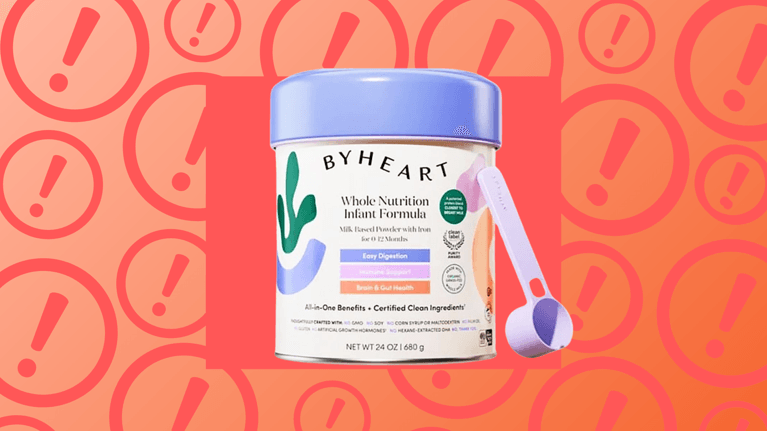 A container of ByHeart whole nutrition infant formula with a purple scoop rests against a bright red background patterned with large exclamation mark symbols, suggesting a warning or alert.
