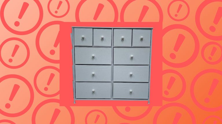 A grey nine-drawer dresser is shown against a red background with repeating exclamation mark icons, indicating a product recall or safety alert.