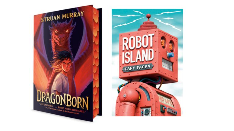 Side-by-side image of two book covers. On the left, Dragonborn by Struan Murray features an illustrated young person standing in front of a large red dragon with wings spread, glowing in warm orange and red tones. On the right, Robot Island by Cary Fagan shows a bright red retro-style robot with the book title displayed on its chest against a blue sky background.