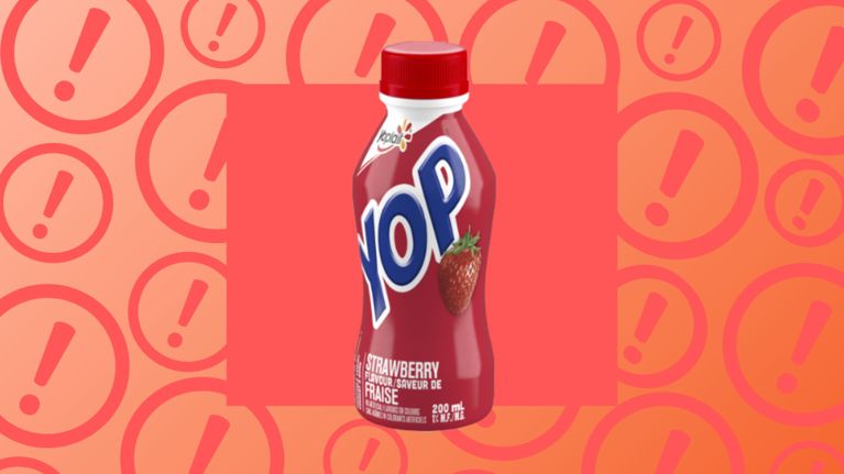 A red bottle of Yoplait Yop strawberry drink sits centered against a bright red background filled with large exclamation mark symbols, creating a recall or warning effect.