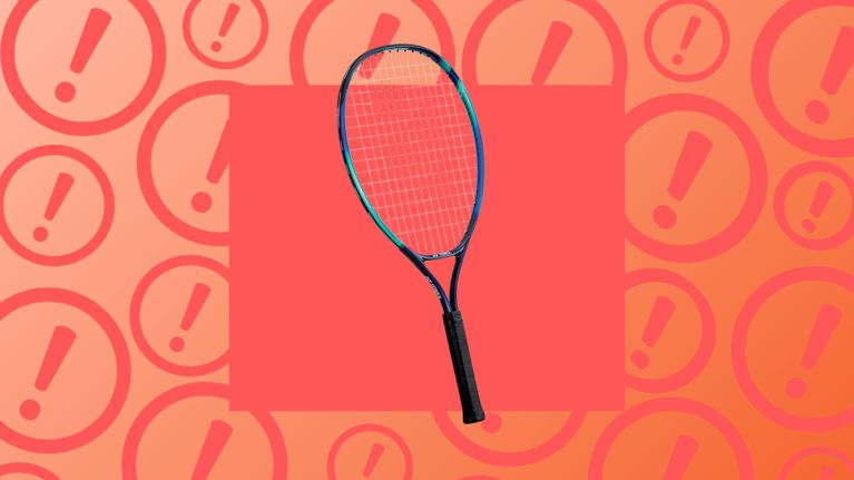 A children’s tennis racquet with a black handle and blue frame, shown against a bright red background with repeating exclamation mark symbols, illustrating a product recall alert.