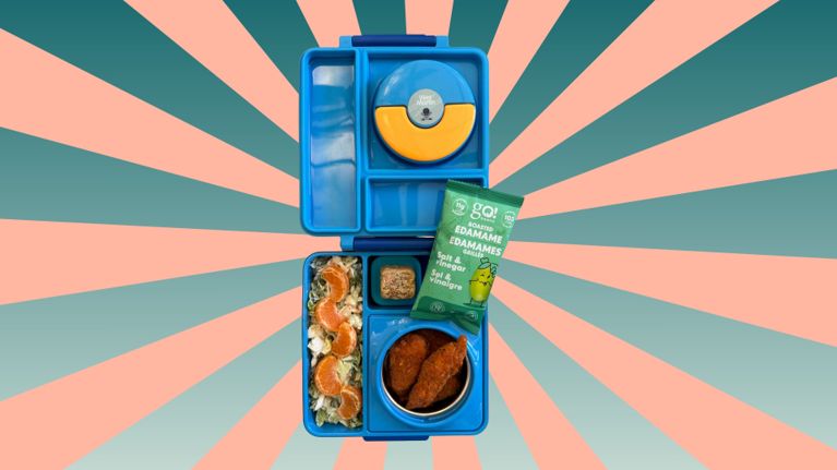 A blue bento-style lunchbox filled with chicken strips, a salad topped with mandarin orange slices, a small baked snack square, and a packet of roasted edamame. The lunchbox sits on a background with teal and coral sunburst stripes.