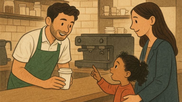 An illustrated café scene where a smiling barista hands a drink to a young child who is pointing excitedly, while the child’s mother stands beside them with a gentle hand on their back.