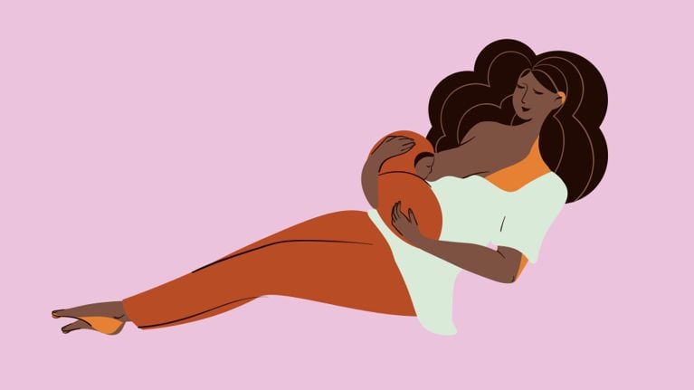 Stylized illustration of a parent lying sideways while breastfeeding an infant, with warm earthy tones and soft, simple line work.