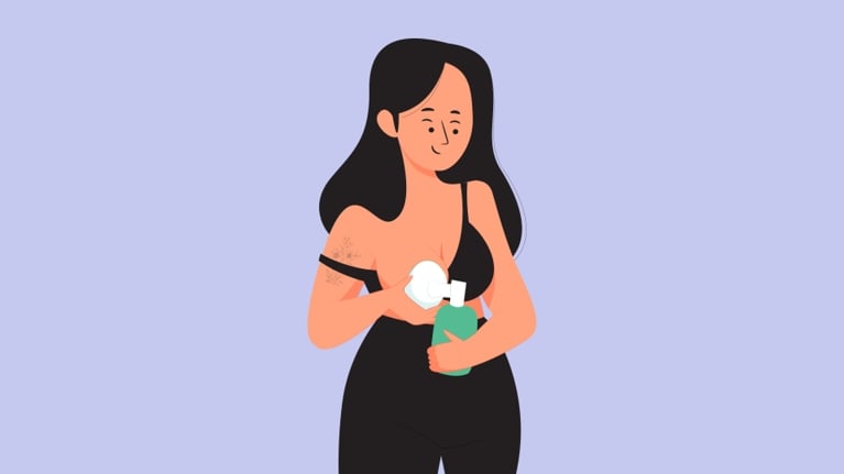 An illustration of a person using a manual breast pump, holding the pump flange to their breast while supporting a bottle with the other hand, against a light purple background.