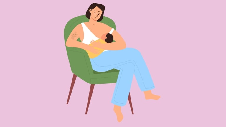 Stylized illustration of a parent lying sideways while breastfeeding an infant, with warm earthy tones and soft, simple line work.