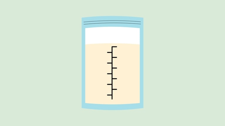 An illustration of a clear breast milk storage bag filled halfway, with measurement markings down the center, against a pale green background.