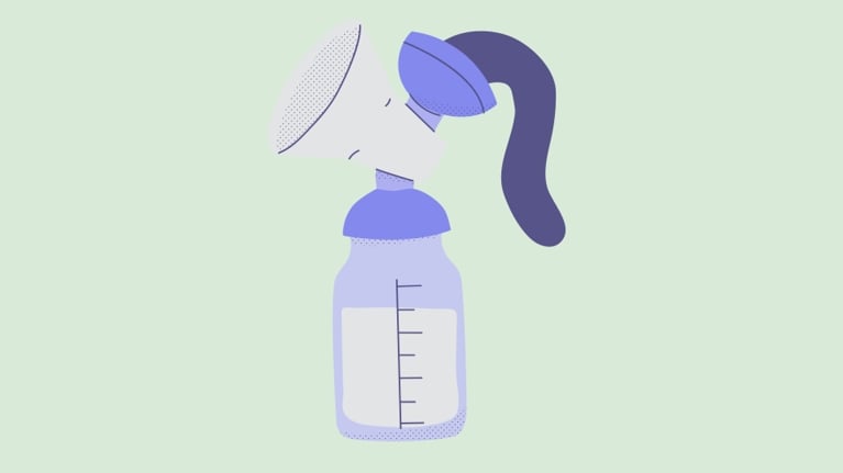 An illustration of a manual breast pump attached to a bottle partially filled with milk, against a pale green background.