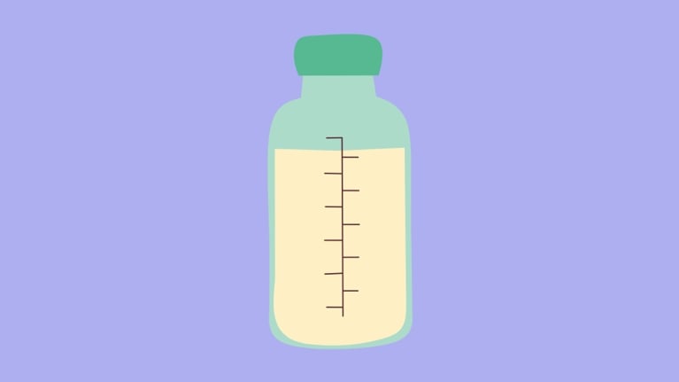 An illustration of a baby bottle filled with milk and marked with measurement lines, against a light purple background.