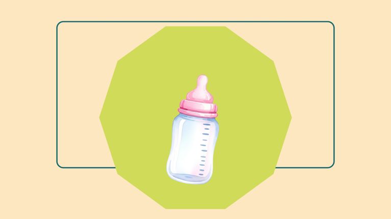 A watercolor-style illustration of an anti-colic baby bottle featuring a soft silicone nipple and pink accents, perfect for infant feeding.